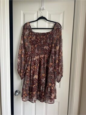 Gilli Burgundy Floral Mini Dress with Mustard and Cream Accents